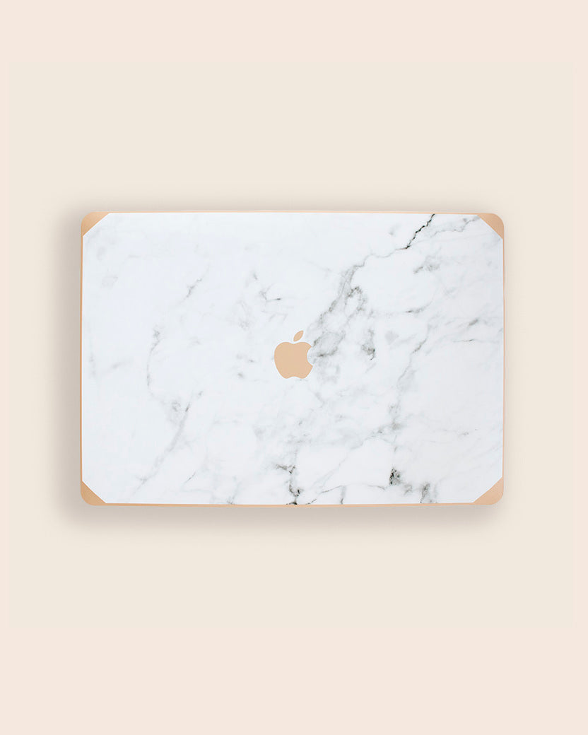 Gold and Logo White Marble MacBook Case