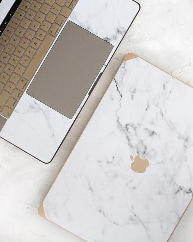 Gold and Logo White Marble MacBook Case