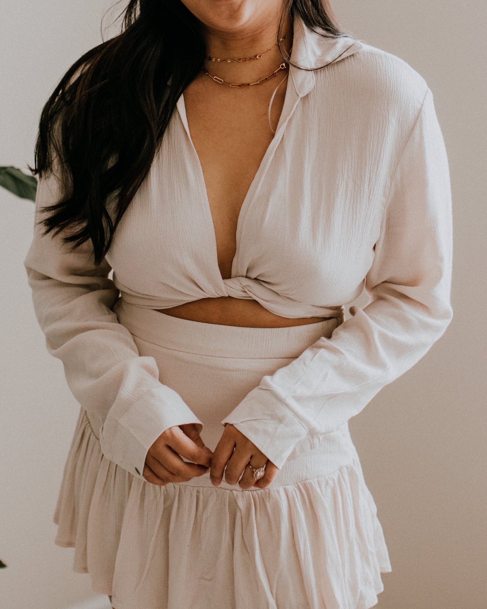 Beige Self Tie Shirt and Skort Set